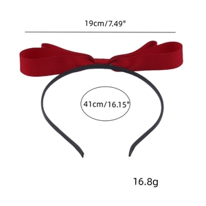 Detailed size chart showing 19cm red satin bow headband with 41cm circumference