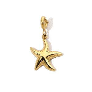 Macro view of a gold-plated starfish pendant showing textured detail and the top ring