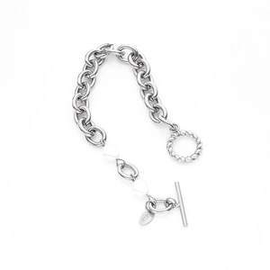 18K gold plated toggle clasp bracelet with thick chain and baroque pearls on white backdrop