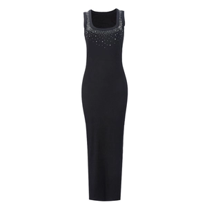 Detailed view of the rhinestone embellished square neck and ribbed knit texture on the dress