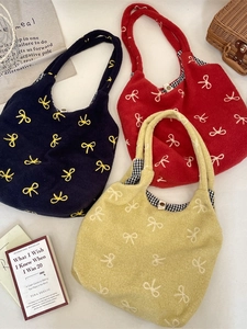 Sac Cabas En Peluche Broderie Motif Nœud Grande Capacité Doublure À Carreaux Sac À Main Souple Pour Femmes Doux Décontracté