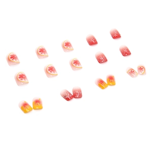 Short square press-on nails with cute lemon patterns and pink glitter gradient design