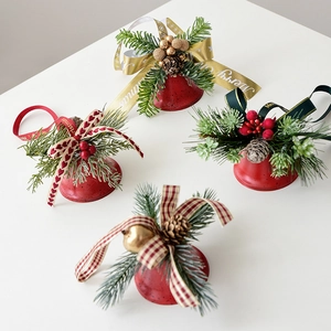 Christmas Bell Hanging Ornaments Metal Decoration With Pine Cones Artificial Pine Needles Berries Festive Home Decor