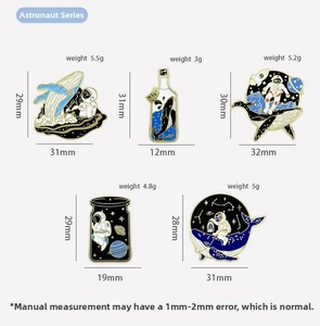 Detailed size and weight specs for astronaut whale series enamel lapel pins and badges