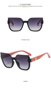 Detail of square cat-eye sunglasses with pink temples and golden V-shaped metal hardware