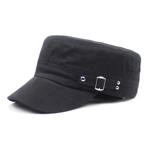 Classic black cotton flat top military cap with side metal buckles for men's outdoor style