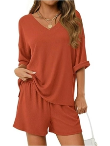 Women's V-neck rib-knit short sleeve top and shorts two-piece casual set in rust red