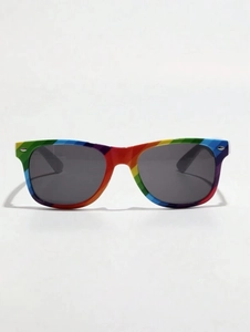 Macro detail of rainbow striped frames on stylish sunglasses with dark lenses