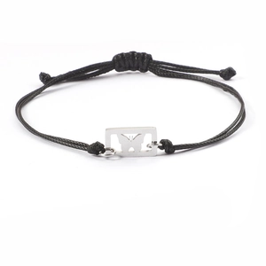 Handmade woven black rope bracelet featuring a hollow butterfly square metal charm