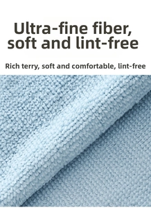 Macro shot of soft light blue microfiber kitchen cloth showing plush texture and fiber detail