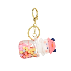 Cute pink cartoon bear keychain with liquid quicksand cup and golden metal hook