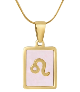 Macro shot of 18K gold plated square pendant with pink shell and Leo zodiac symbol