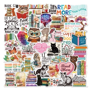 Flat lay of diverse waterproof reading stickers featuring books, cats and vibrant illustrations