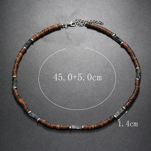 Close-up of bohemian wood beads and natural stone necklace with 45+5cm size markers