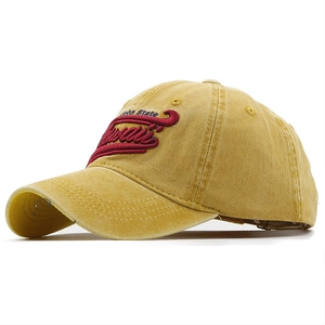 Yellow washed cotton baseball cap with red Hawaii 3D embroidery and curved brim