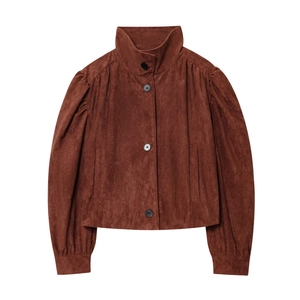 Minimalist brown faux suede jacket featuring a stand collar and pleated puff sleeves