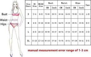 Size guide for split sexy bandeau bikini including US/UK sizes and measurements chart