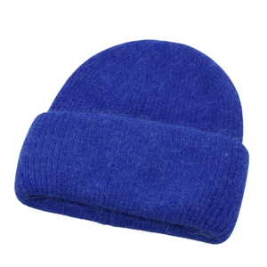 Close-up of royal blue mohair beanie showing soft fuzzy texture and folded cuff detail