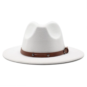 Close-up of white felt fedora hat featuring a brown leather band and metal buckle