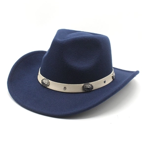 Detail of navy western cowboy felt hat with ethnic belt and silver metal buckle