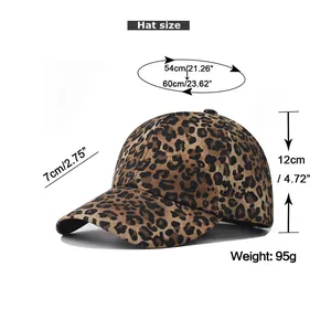 Size chart for leopard print baseball cap showing head circumference and brim measurements