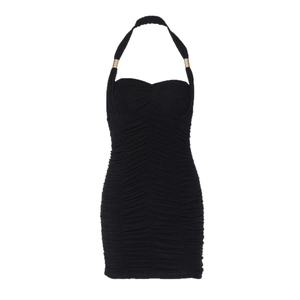 Chic black halter mini dress with ruched fabric and decorative gold metal rings