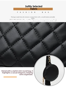 Close-up of black quilted leather texture and a gold-tone mini round coin purse charm
