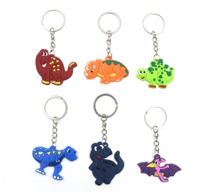 Detailed set of six colorful PVC cartoon dinosaur keychains with silver metal rings