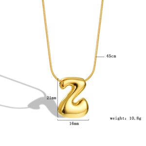 Detail view of 3D gold bubble letter Z pendant with dimension and weight specifications