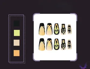 Detail view of Halloween coffin press-on nails with spider web and skull motifs