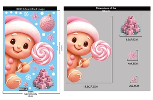 Detailed size specifications for pink gingerbread man and candy cane Christmas window stickers