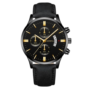 Montre à quartz noire pour homme avec index dorés, dateur et bracelet en cuir élégant