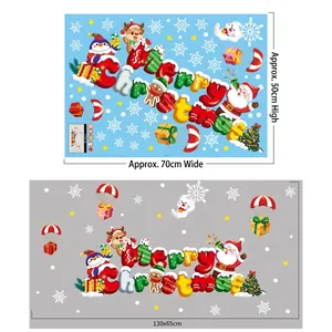 Detail showing Merry Christmas window decals with Santa, penguin, and snowflake layout