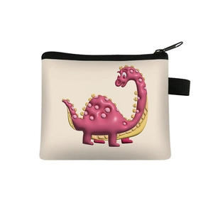 Cute beige cartoon dinosaur coin purse with pink print and black zipper closure