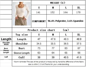 Size chart and fabric details for women's elegant square neck ribbed long sleeve top