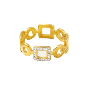 Elegant gold hollow geometric ring featuring circular and square diamond-set links