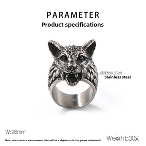 Detailed parameter view of Viking wolf head ring in polished stainless steel finish