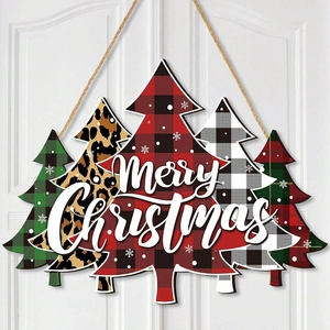 Plaid and leopard print Christmas tree door sign with Merry Christmas text on white door