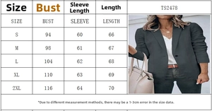 Guide des tailles pour blazer femme à manches longues incluant buste et longueur en cm