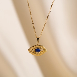 18K gold plated stainless steel evil eye necklace with deep blue lapis lazuli stone
