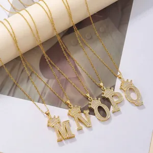 Gold crown initial necklaces M N O P Q with zircon pavé and stainless steel chain