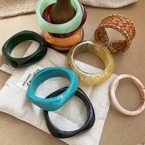 Vintage Ethnic Handmade Woven Rattan Bangle Bracelet Resin Acrylic Wide Geometric Marble Pattern Colorful Jewelry For Women