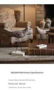 Detail of Nordic wooden bird figurines with vintage wood grain on metal stands