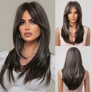 Detailed views of grey ombre synthetic wig with curtain bangs and long straight layers