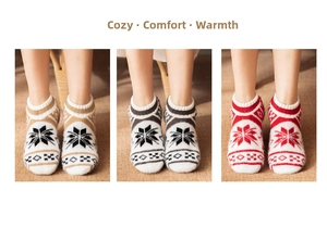 Thick Nordic snowflake knit floor socks shown in brown, black, and red winter styles