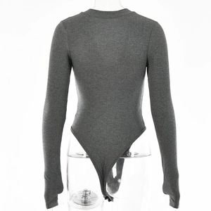 Detailed back view of a dark grey long sleeve ribbed bodysuit on a clear mannequin