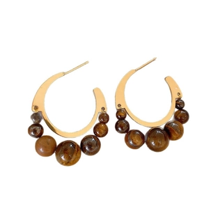 Vintage C-shaped tiger eye stone beaded hoop earrings in gold plated finish for women