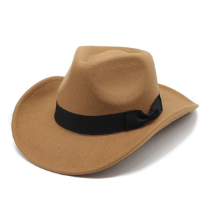Classic camel wool felt western cowboy hat with wide brim and black ribbon decoration