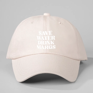 Pink vintage adjustable baseball cap featuring Save Water Drink Margs white lettering