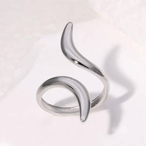 Minimalist silver curved stainless steel open ring with polished metallic finish